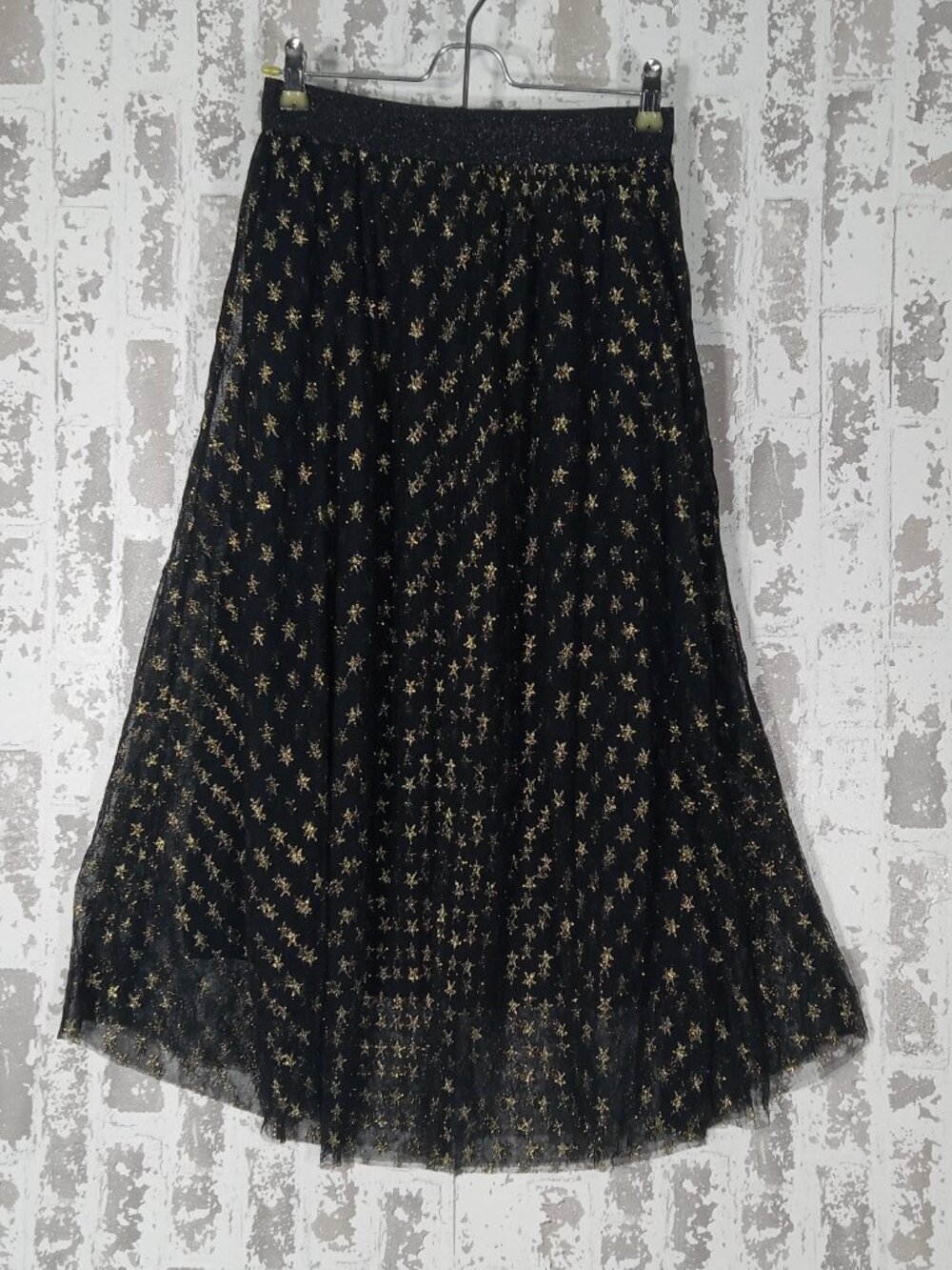 NWT Mystree Celestial Star Mesh Maxi Skirt Black Gold Whimsigoth Boutique Size S